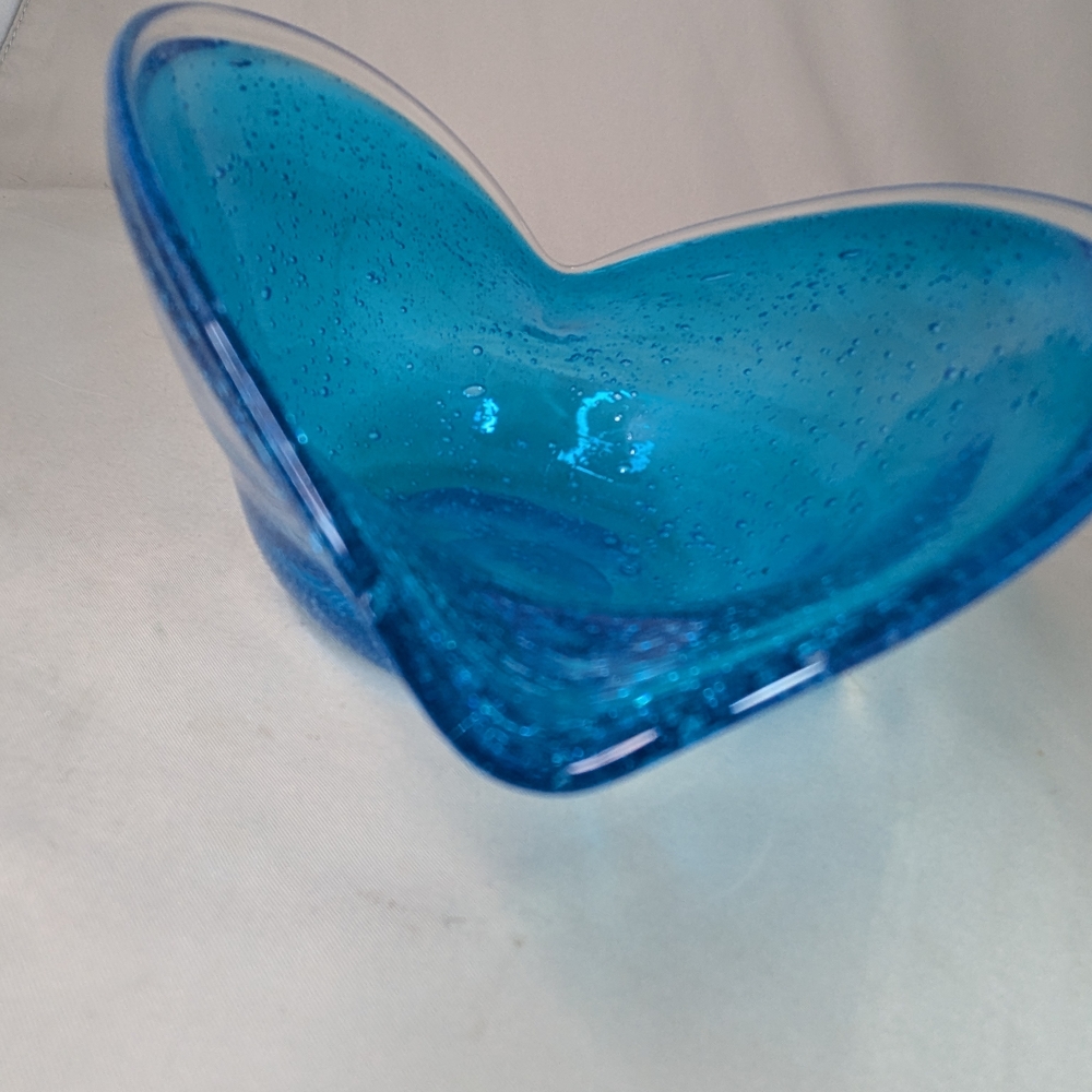 Vtg Blue Bubbled Glass Bowl Art Oblong Candy Dish Flower Vase Fruit Bowl - Picture 8 of 16